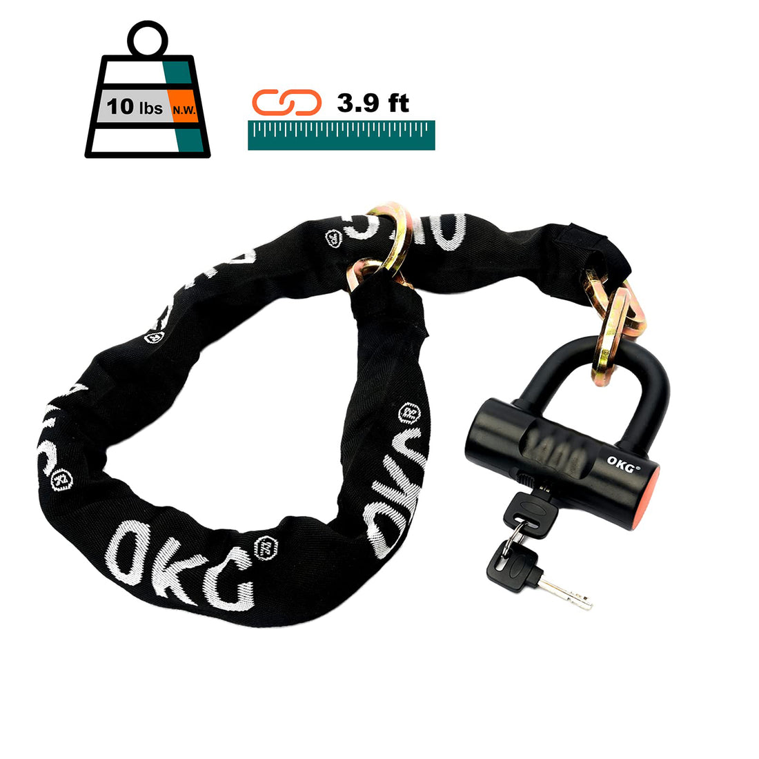 OKG Heavy Duty Chain Lock - 4 Keys, 11lbs, 3.9 ft x 1/2 in (12mm) Thick Noose Security Chain Combo 11/16" (18mm) Small U Lock for Motorcycles, Mopeds, E-Bikes, Trailers, ATVs, etc.