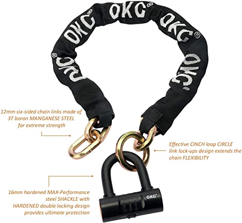 OKG Ultra Security Motorcycle Chain Lock. 4 Keys. 13lbs. 5 ft x 1/2in (12mm) Thick Lock Chain Heavy Duty Chain Lock. High Security Cut Proof Chain and Anti Theft U Lock. Sold Secure Approved. Gold