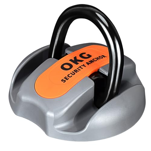 OKG Heavy Duty Security Ground Anchor. 9/16 (14mm) Thick Hardened Steel Swing Shackle - Security for Bicycles. Motorcycles. E-Bikes. Trailers - Permanent Anchor Point for Garages. Parking Lots