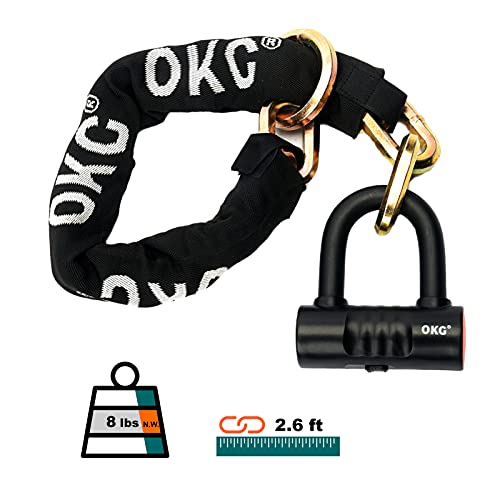 OKG Heavy Duty Bike Lock. Black. 8 lb. 2.6ft x 1/2 in (12mm) Thick Cut Proof Chain Combo 18mm Small U Lock. Ideal for Motorcycles. ATVs. Mopeds or Garage Security