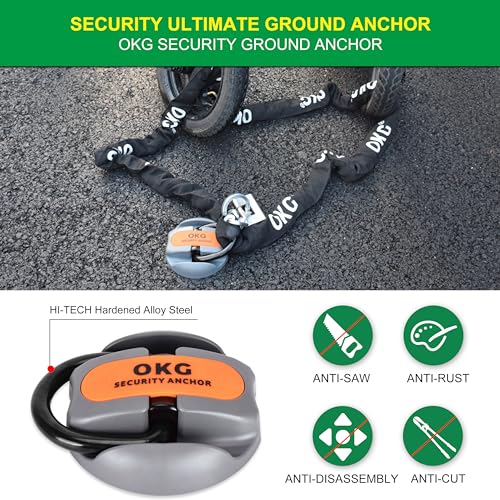 OKG Heavy Duty Security Ground Anchor. 9/16 (14mm) Thick Hardened Steel Swing Shackle - Security for Bicycles. Motorcycles. E-Bikes. Trailers - Permanent Anchor Point for Garages. Parking Lots