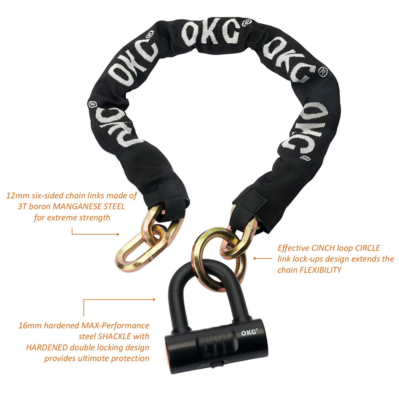 OKG Heavy Duty Chain Lock - 4 Keys, 11lbs, 3.9 ft x 1/2 in (12mm) Thick Noose Security Chain Combo 11/16" (18mm) Small U Lock for Motorcycles, Mopeds, E-Bikes, Trailers, ATVs, etc.