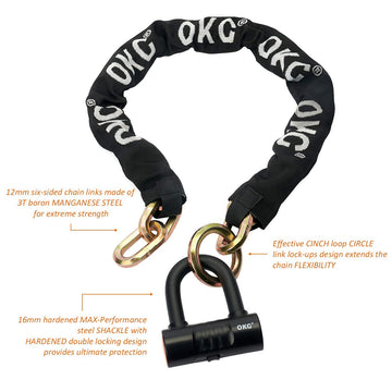 OKG Heavy Duty Chain Lock - 4 Keys, 11lbs, 3.9 ft x 1/2 in (12mm) Thick Noose Security Chain Combo 11/16" (18mm) Small U Lock for Motorcycles, Mopeds, E-Bikes, Trailers, ATVs, etc.